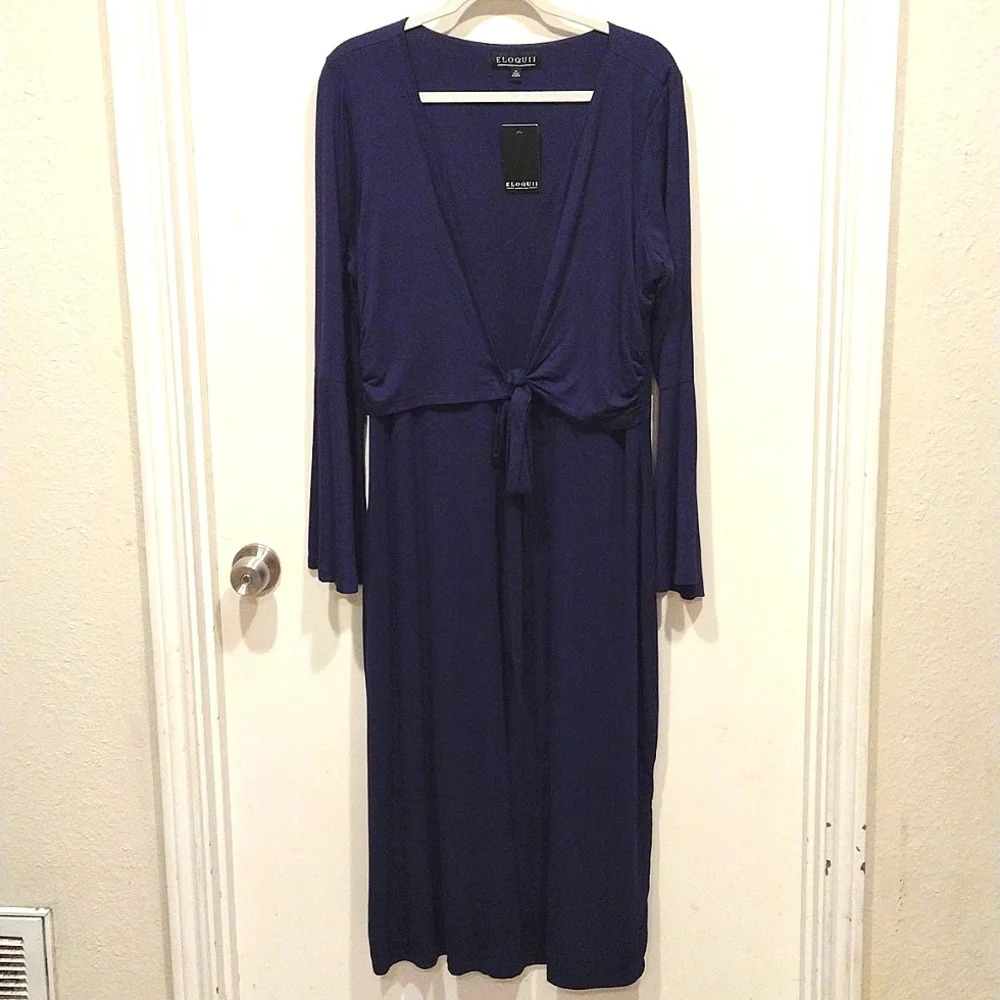 NWT Eloquii Navy Blue Tie Front Jersey Knit Maxi Dress w/Bell Sleeves Size 14